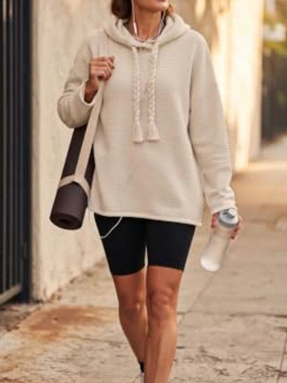 Apricot Oversized Knit Hoodie Sweater Chunky Pullover Braided Tassel Drawstring - Picture 3 of 10